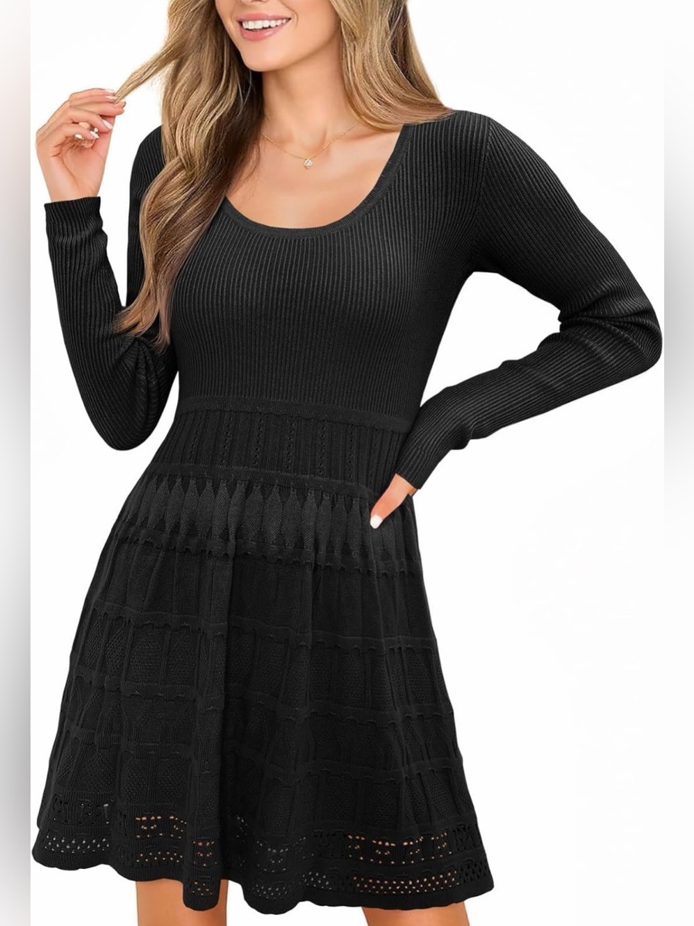 A146 WENRINE Long Sleeve Sweater Black Knit Fit & Flare SMALL Crochet Dress NWT